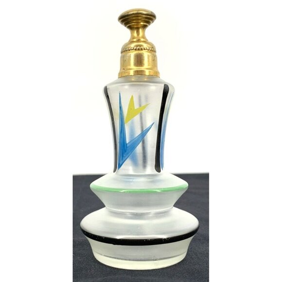 Art Deco Perfume Bottle Glass Applicator Brass Hand Painted 5" Vintage - Picture 3 of 10